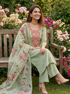 Green Jam Silk Unstitched Salwar Kameez Suit with Floral Printed Dupatta