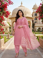 Rose Pink Jamdani Silk Salwar Kameez Suit with Jamdani Dupatta
