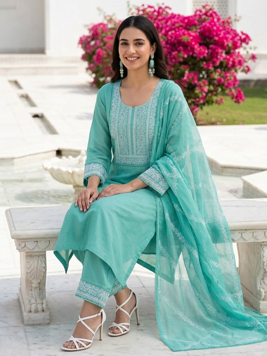 Aqua Green Muslin Silk Salwar Kameez Suit with Floral Embroidery & Organza Dupatta