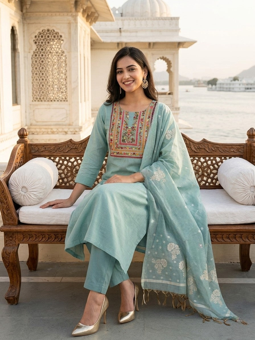 Mint-Green Jamdani Silk Salwar Kameez Suit with Hand-Embroidered Floral Neckline