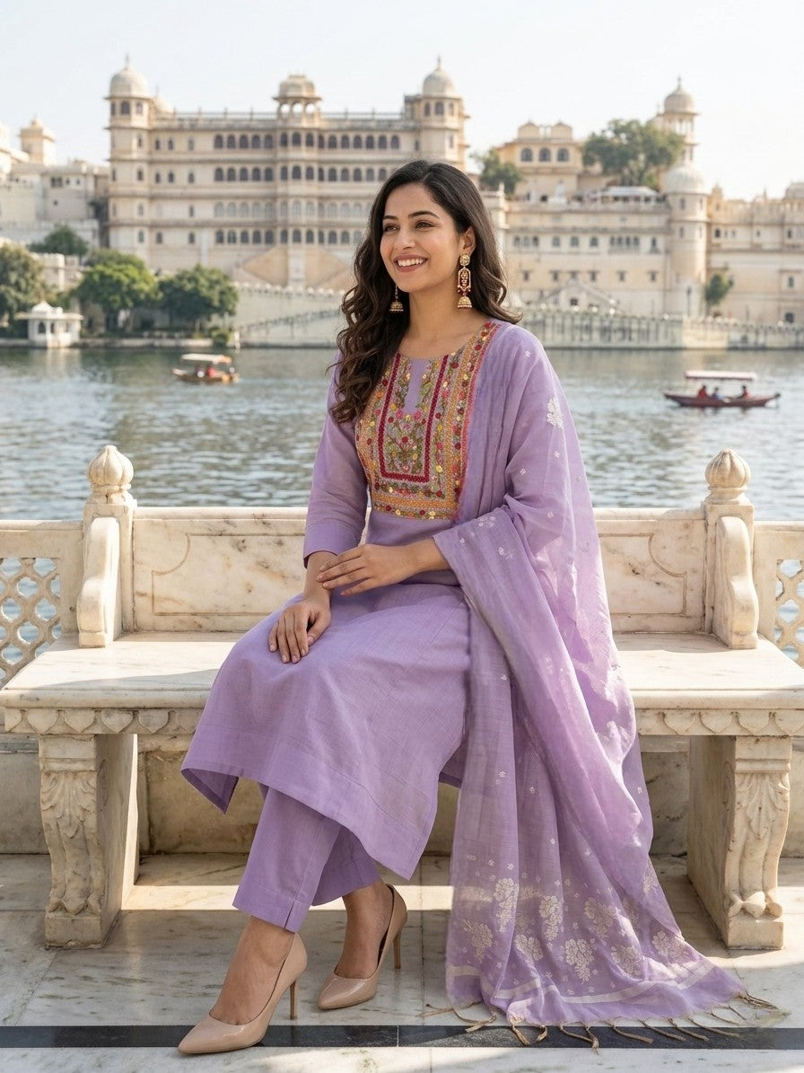 Purple Jamdani Silk Salwar Kameez Suit with Hand-Embroidered Floral Neckline