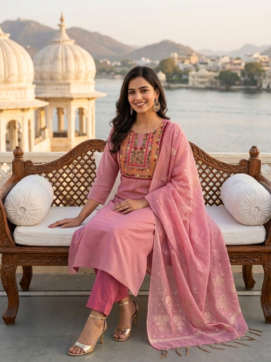 Pink Jamdani Silk Salwar Kameez Suit with Hand-Embroidered Floral Neckline