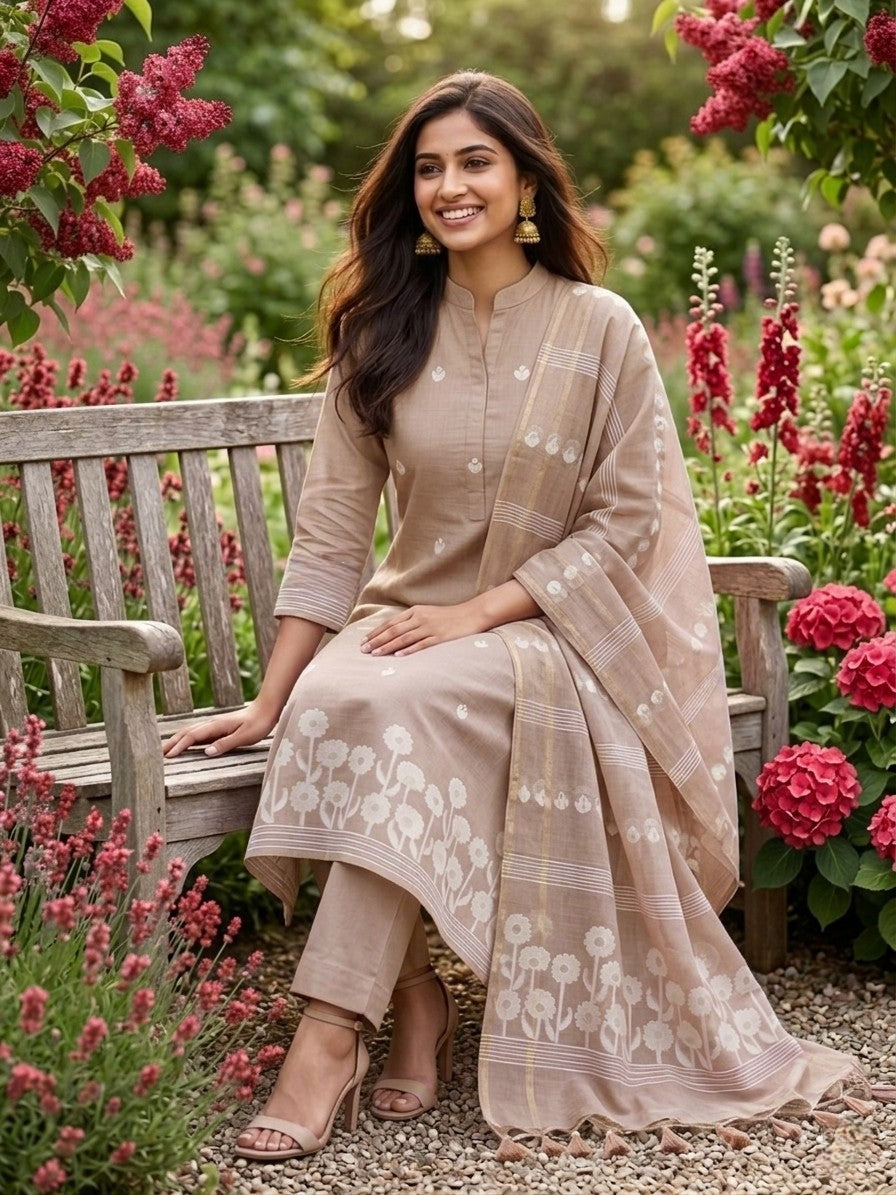 Beige Jamdani Silk Salwar Kameez Suit