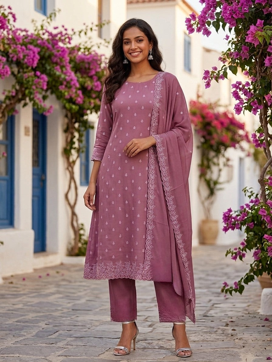 Purple Mul Chanderi Embroidered Salwar Suit