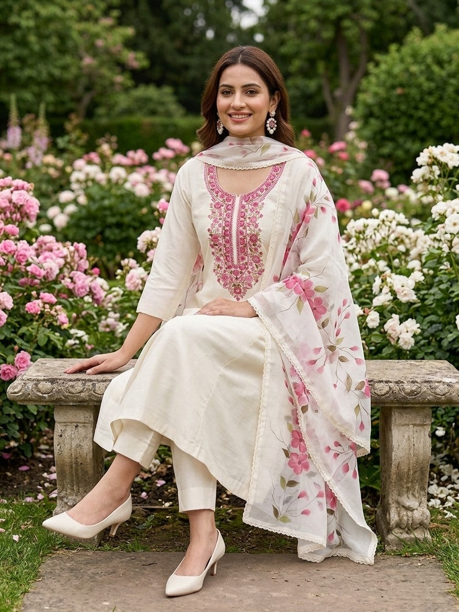 Off-White Jam Silk Unstitched Salwar Kameez Suit with Floral Printed Dupatta
