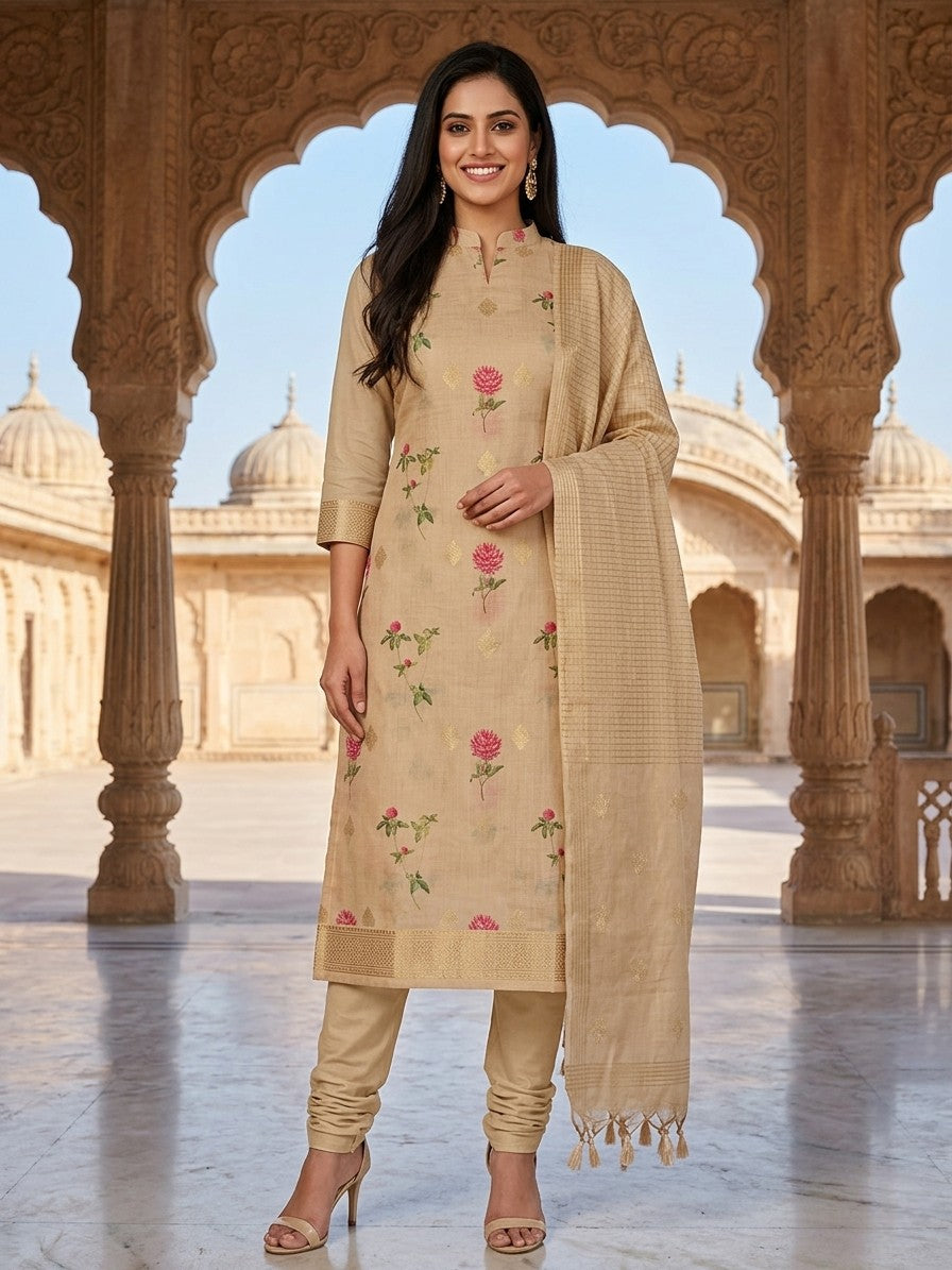Beige Jamdani Silk Floral Printed Unstitched Salwar Kameez Suit