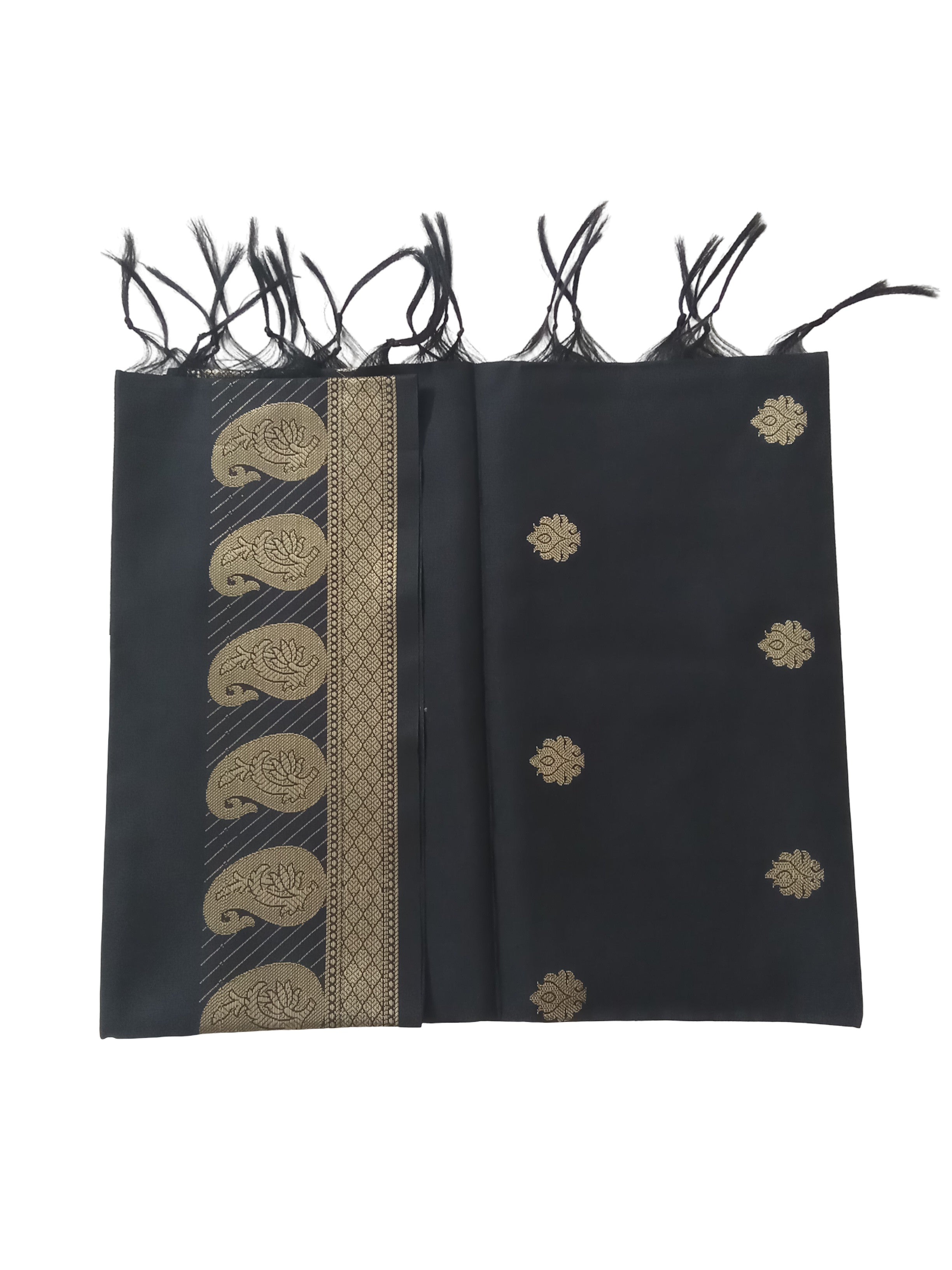 A Banarasi-inspired Black Art Silk Dupatta with Tassels by Ladylike Accoutre, displayed on a clean white background. Features gold zari butti floral motifs and an intricate paisley border.