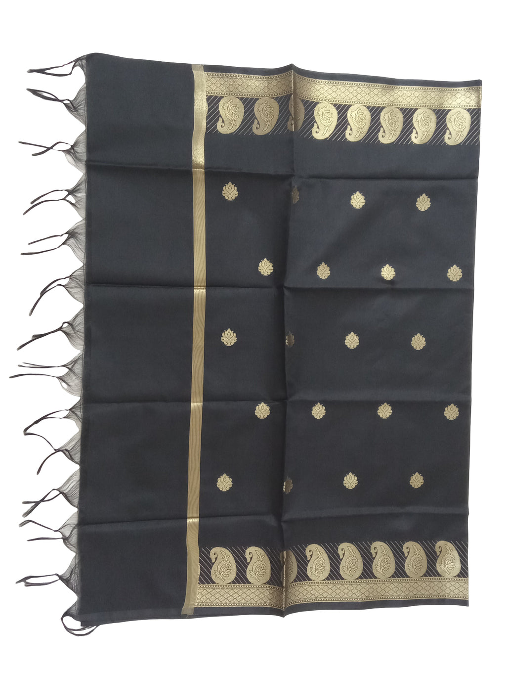 A Banarasi-inspired Black Art Silk Dupatta with Tassels by Ladylike Accoutre, displayed on a clean white background. Features gold zari butti floral motifs and an intricate paisley border.
