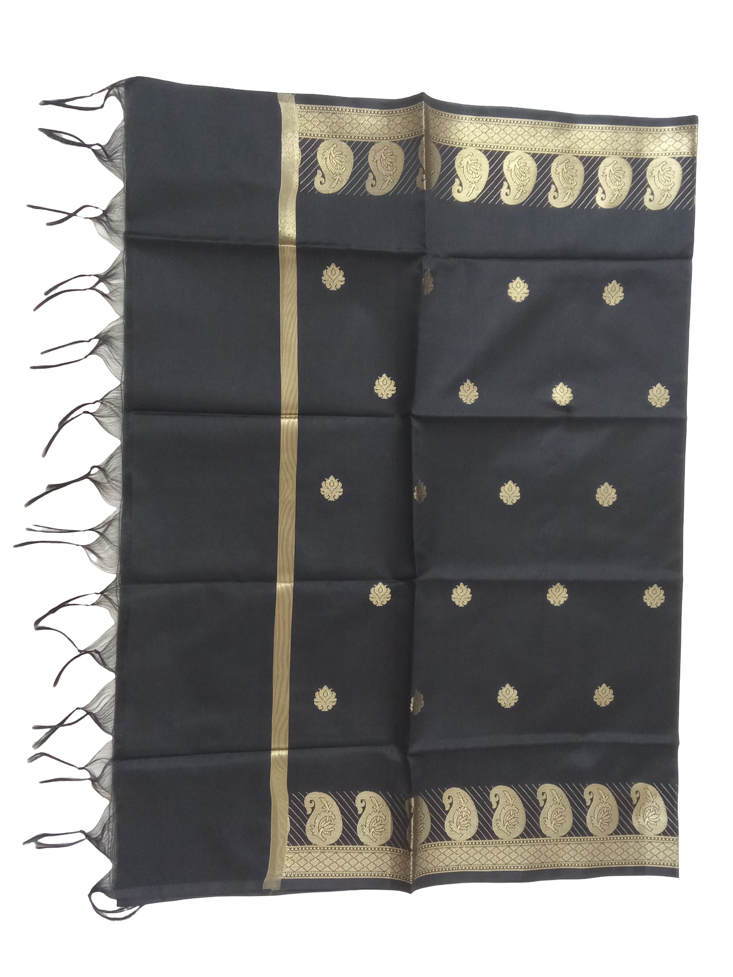 A Banarasi-inspired Black Art Silk Dupatta with Tassels by Ladylike Accoutre, displayed on a clean white background. Features gold zari butti floral motifs and an intricate paisley border.