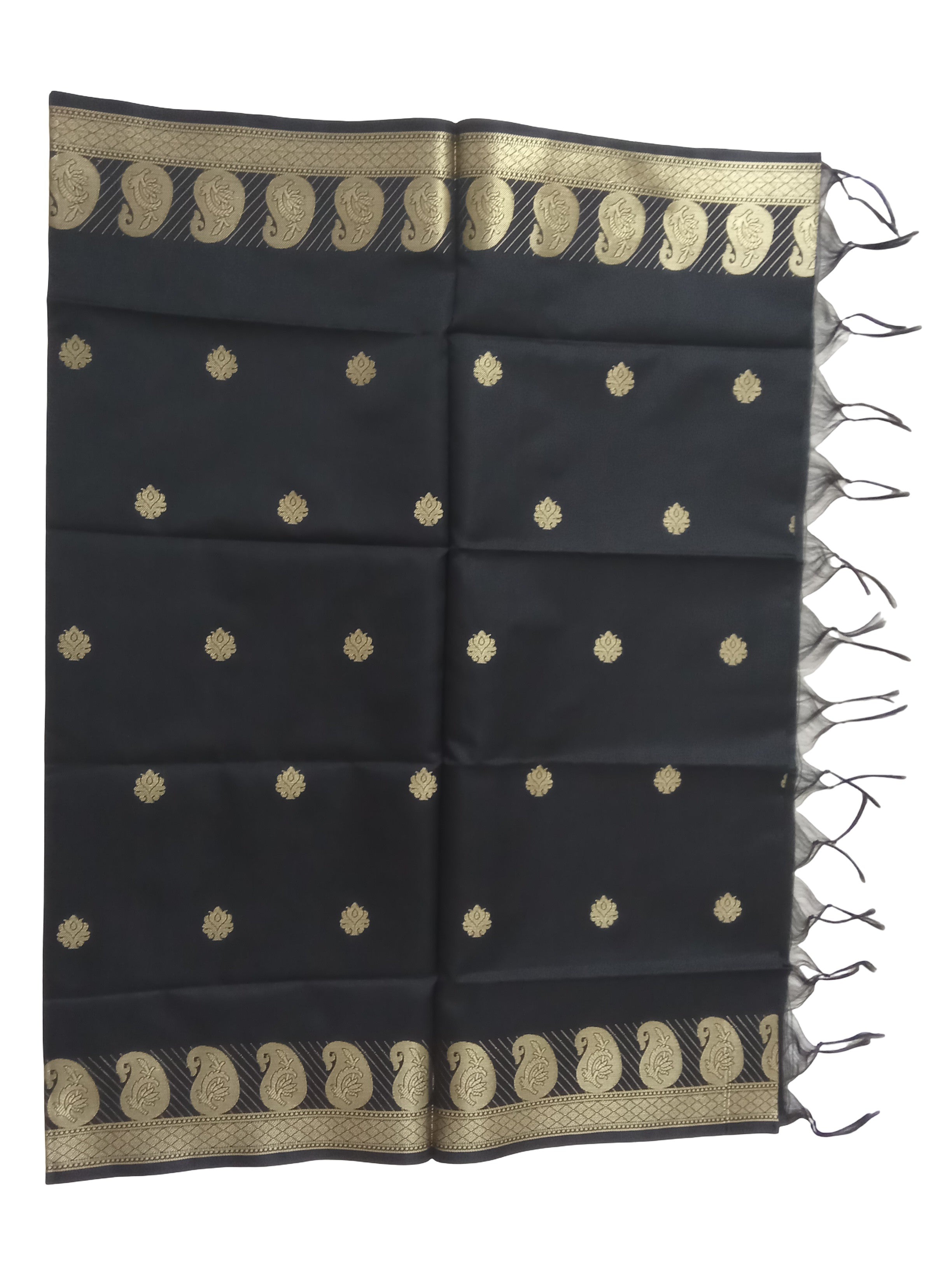 A Banarasi-inspired Black Art Silk Dupatta with Tassels by Ladylike Accoutre, displayed on a clean white background. Features gold zari butti floral motifs and an intricate paisley border.