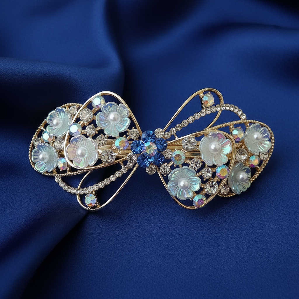 Gold-tone blue floral bow barrette hair clip with pearls and crystal embellishments by Ladylike Accoutre.