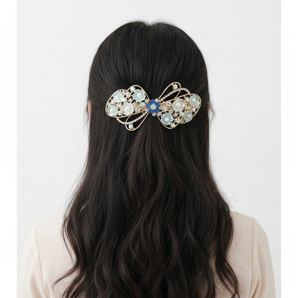 Gold-Tone Blue Floral Bow Barrette – Pearl & Crystal Hair Clip