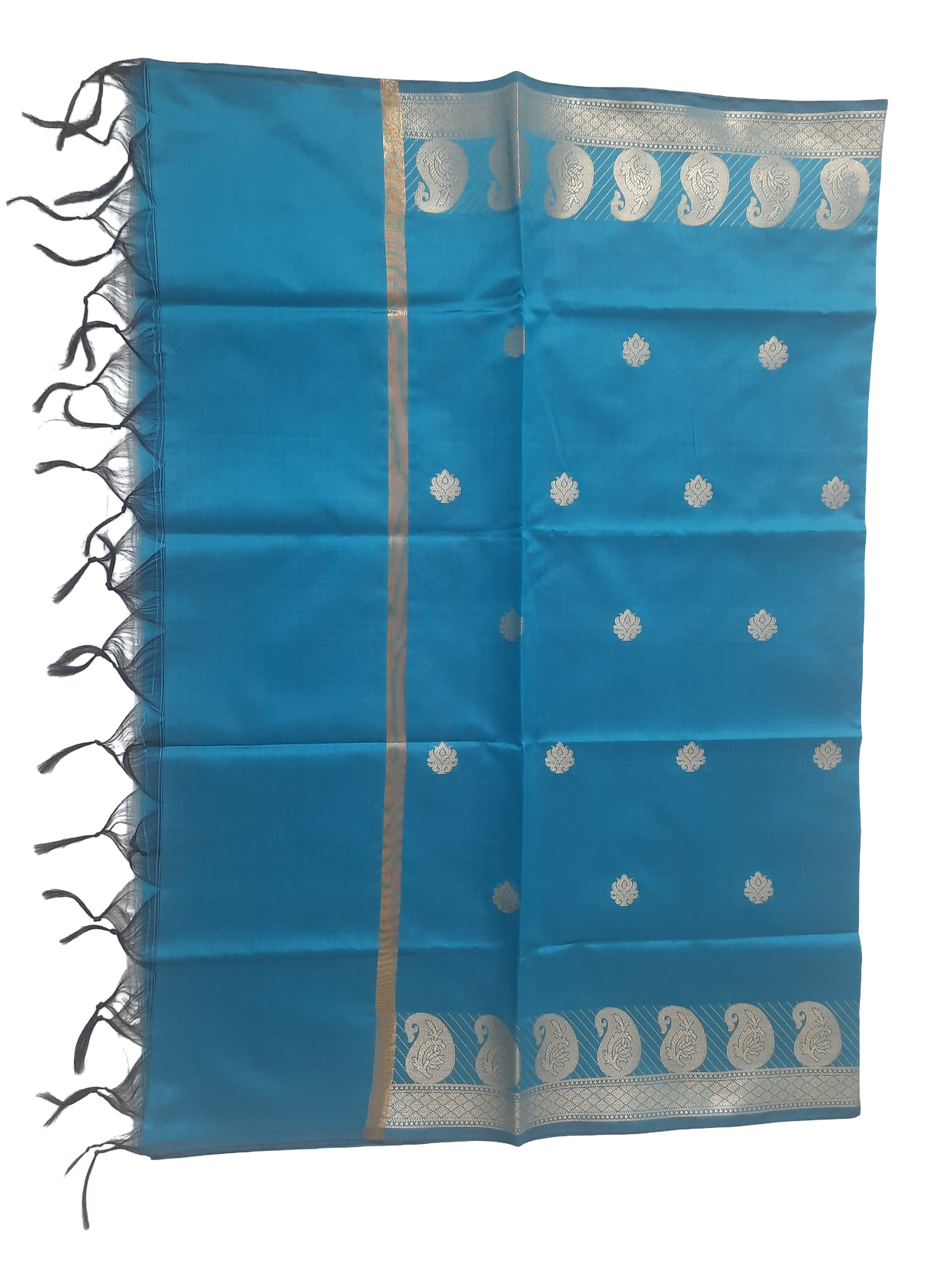 A Banarasi-inspired Blue Art Silk Dupatta with Tassels by Ladylike Accoutre, displayed on a clean white background. Features gold zari butti floral motifs and an intricate paisley border.