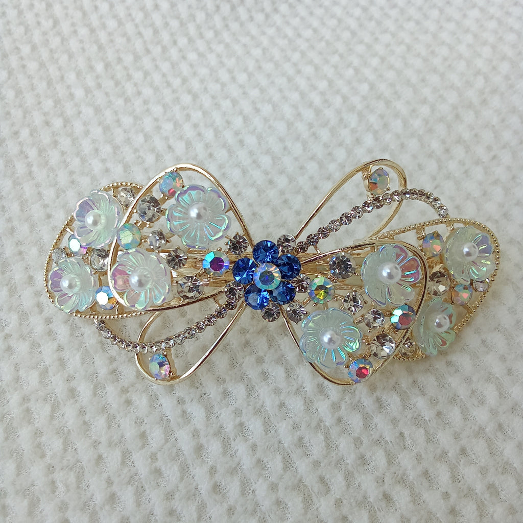 Gold-Tone Blue Floral Bow Barrette – Pearl & Crystal Hair Clip