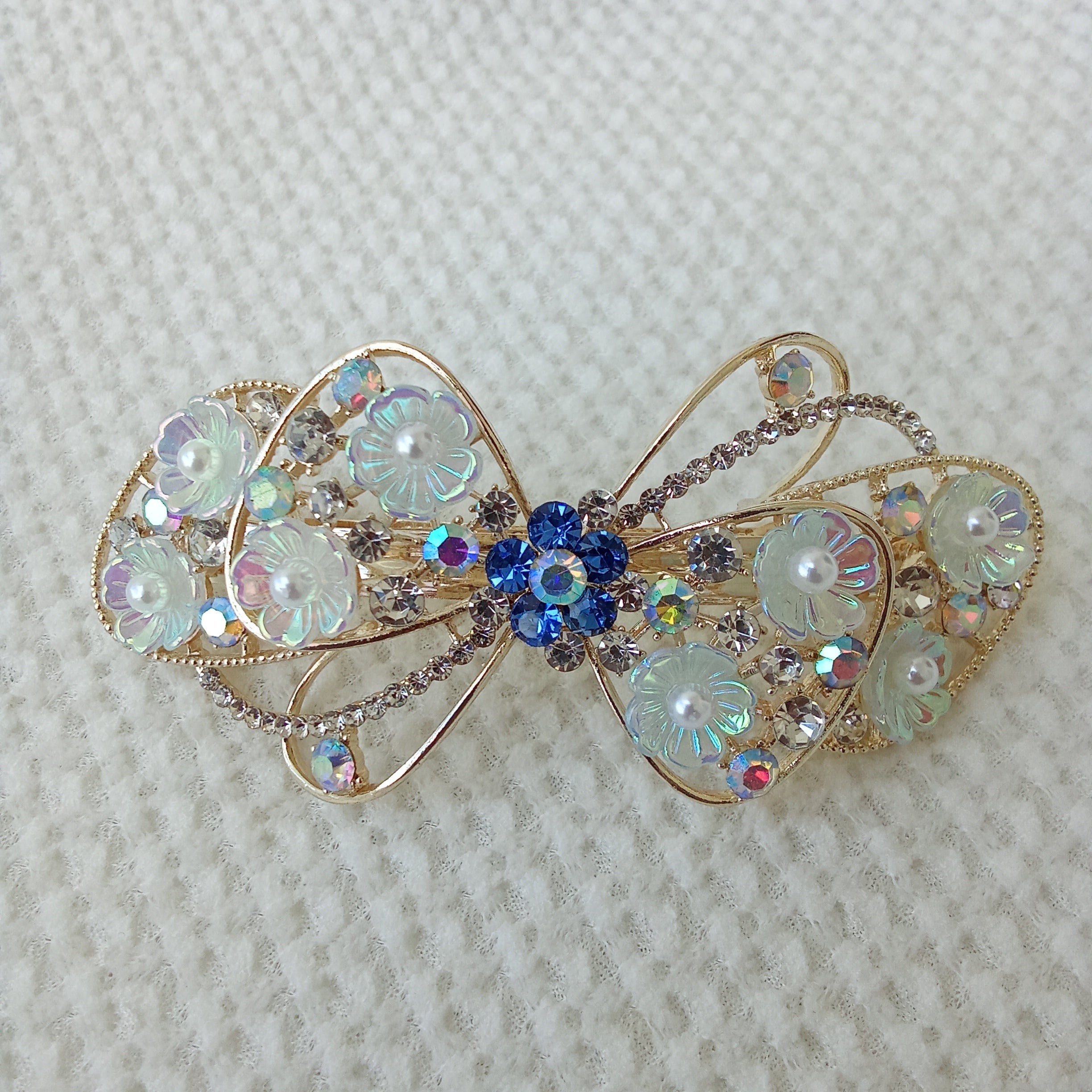 Gold-Tone Blue Floral Bow Barrette – Pearl & Crystal Hair Clip