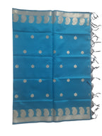 A Banarasi-inspired Blue Art Silk Dupatta with Tassels by Ladylike Accoutre, displayed on a clean white background. Features gold zari butti floral motifs and an intricate paisley border.