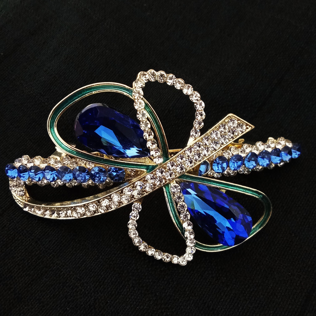 Gold-Tone Sapphire Blue Crystal Bow Barrette Hair Clip