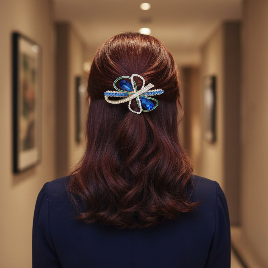 Gold-Tone Sapphire Blue Crystal Bow Barrette Hair Clip