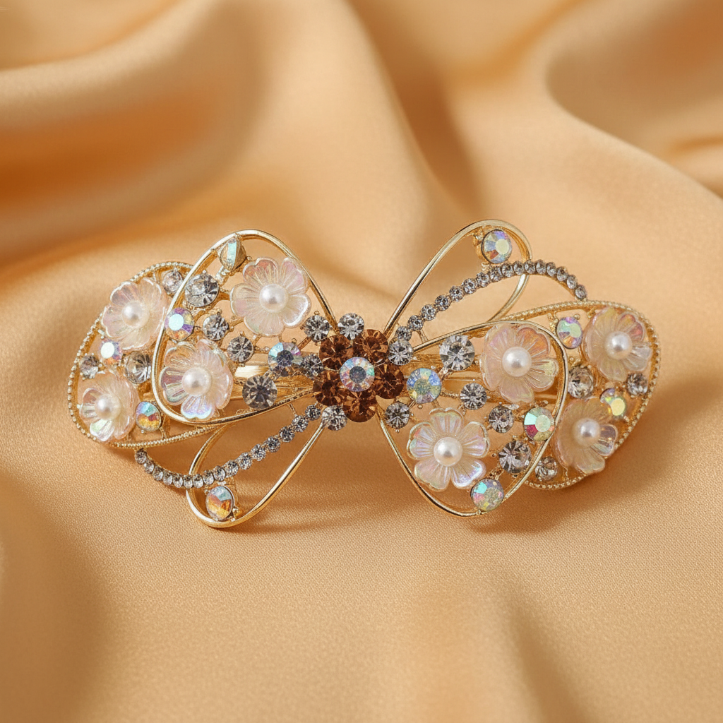 Gold-tone Brown floral bow barrette hair clip with creamy beige pearls and crystal embellishments by Ladylike Accoutre.