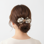 Gold-Tone Brown Floral Bow Barrette – Pearl & Crystal Hair Clip