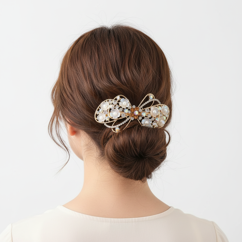 Gold-Tone Brown Floral Bow Barrette – Pearl & Crystal Hair Clip
