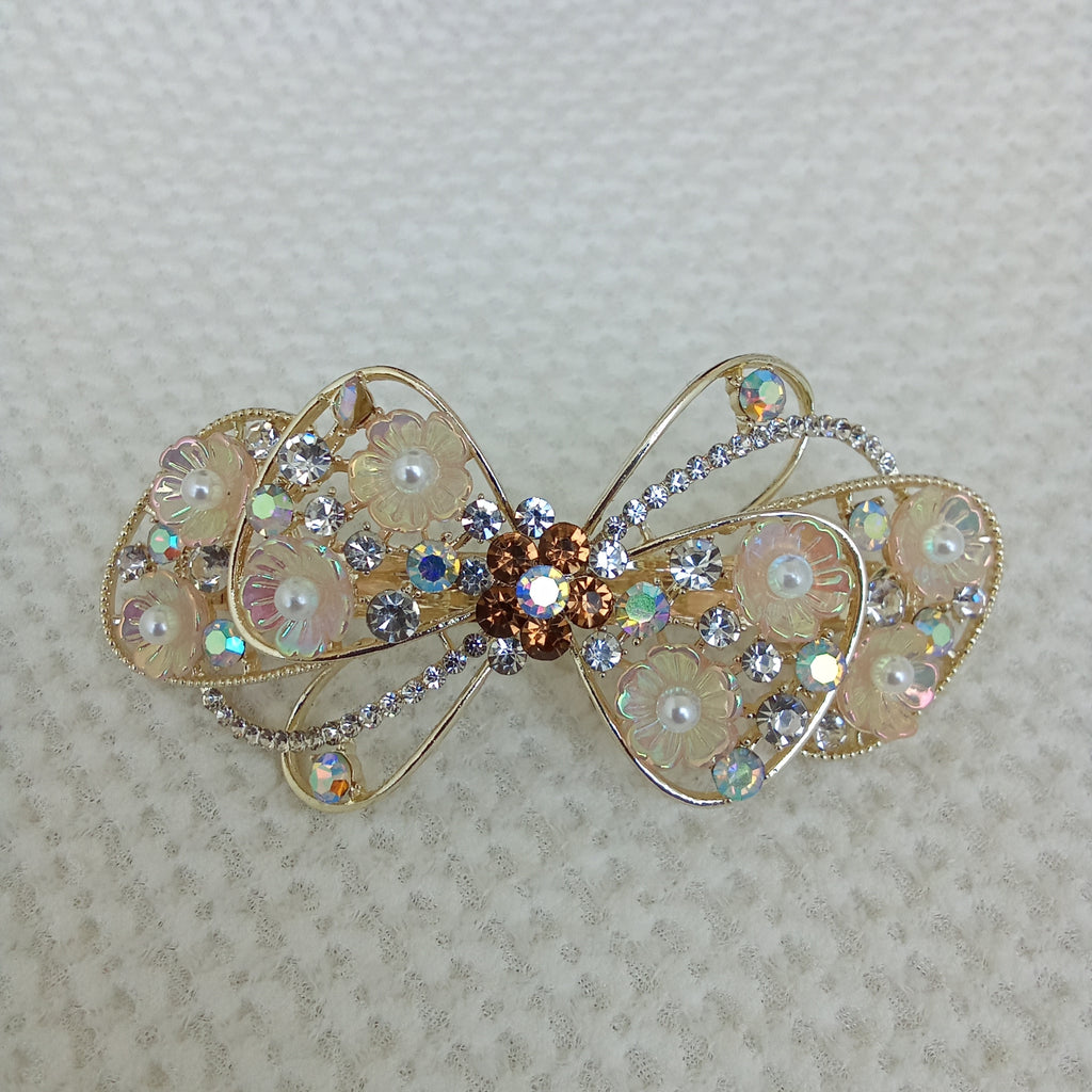 Gold-Tone Brown Floral Bow Barrette – Pearl & Crystal Hair Clip