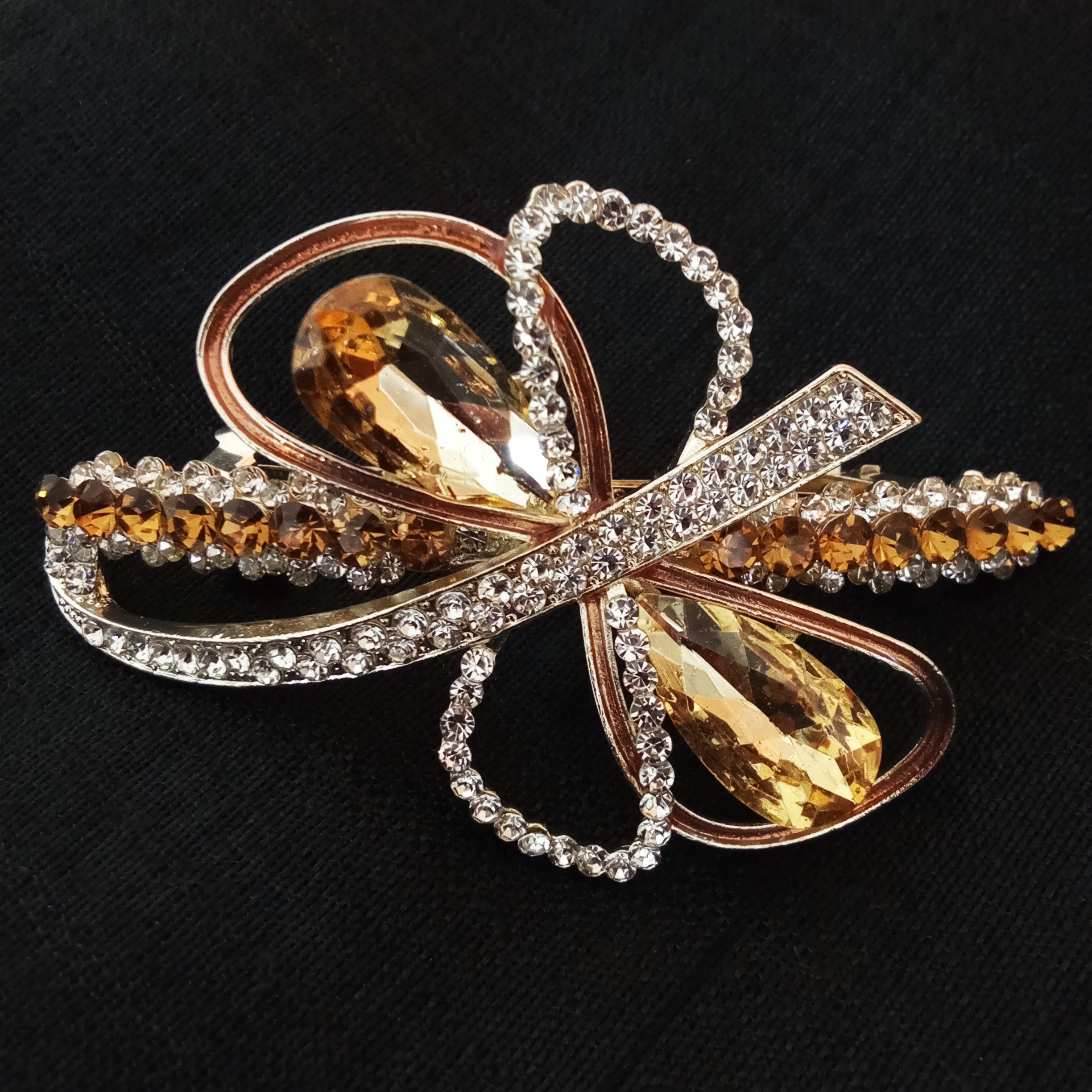 Gold-Tone Brown Crystal Bow Barrette Hair Clip