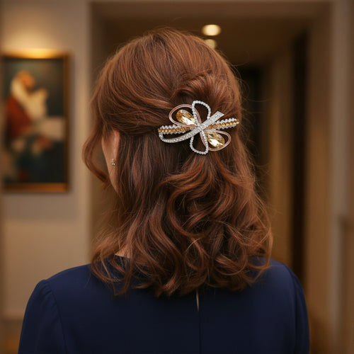 Gold-Tone Brown Crystal Bow Barrette Hair Clip