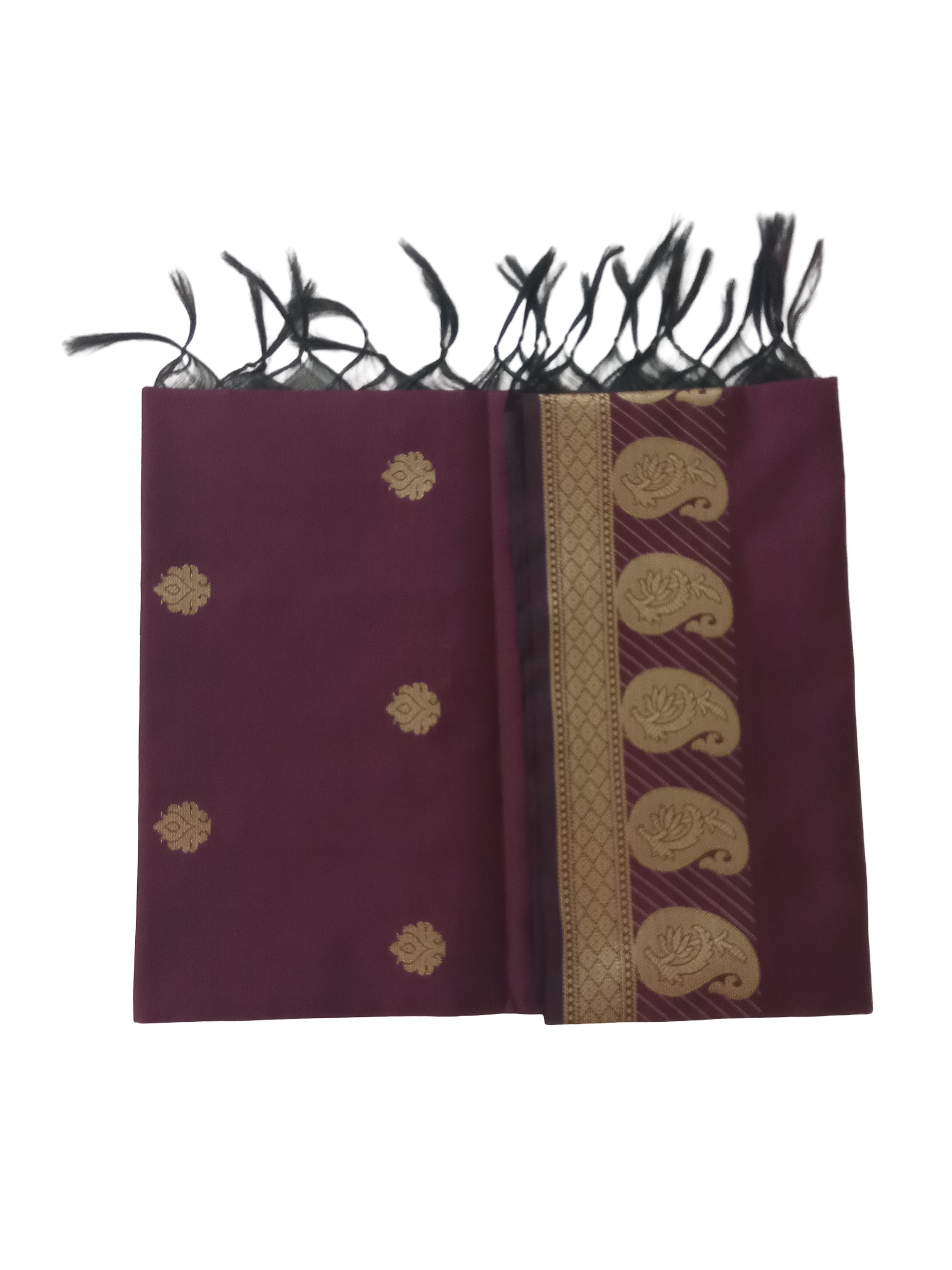 A Banarasi-inspired Dark Maroon Art Silk Dupatta with Tassels by Ladylike Accoutre, displayed on a clean white background. Features gold zari butti floral motifs and an intricate paisley border.