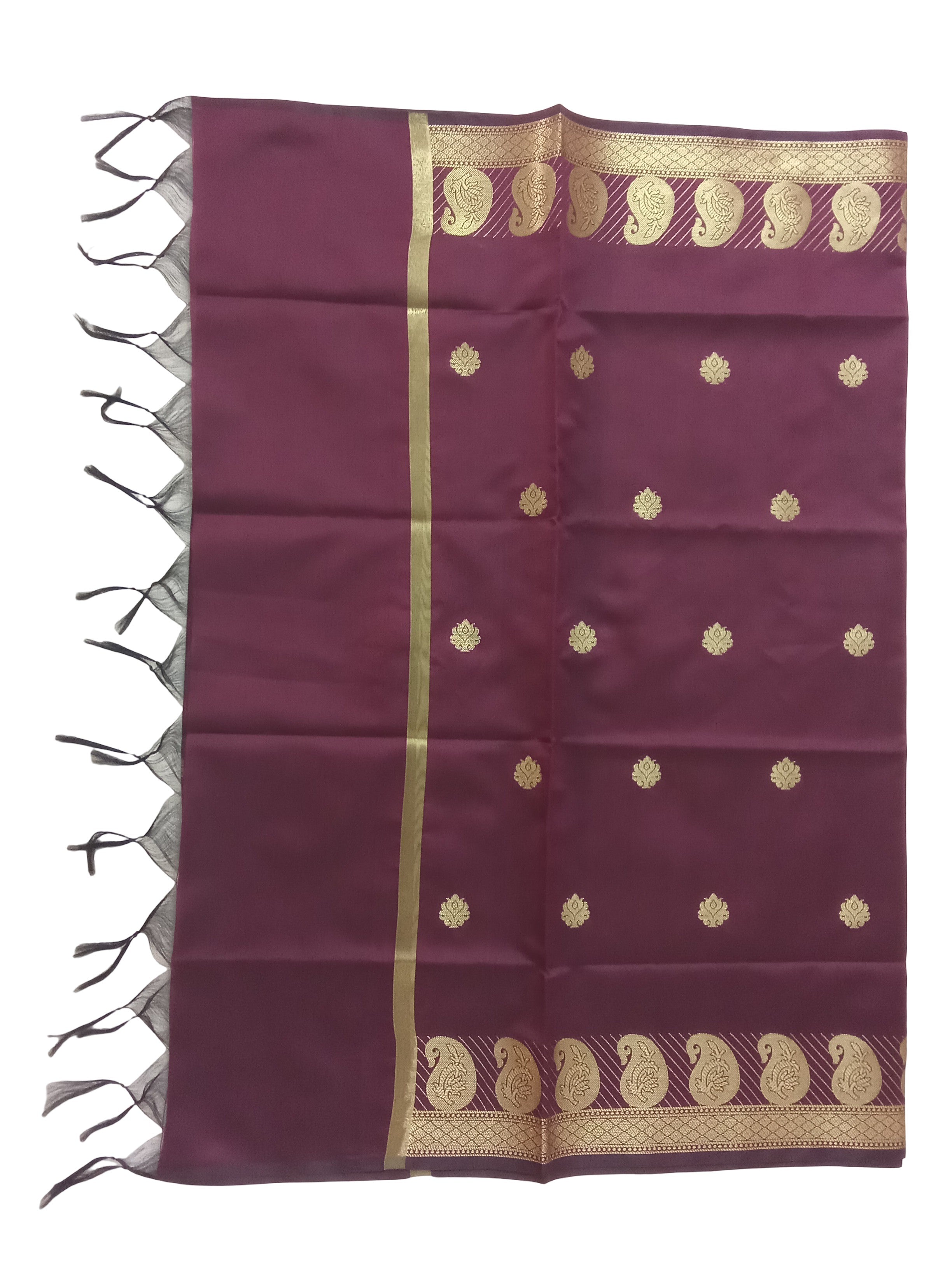 A Banarasi-inspired Dark Maroon Art Silk Dupatta with Tassels by Ladylike Accoutre, displayed on a clean white background. Features gold zari butti floral motifs and an intricate paisley border.