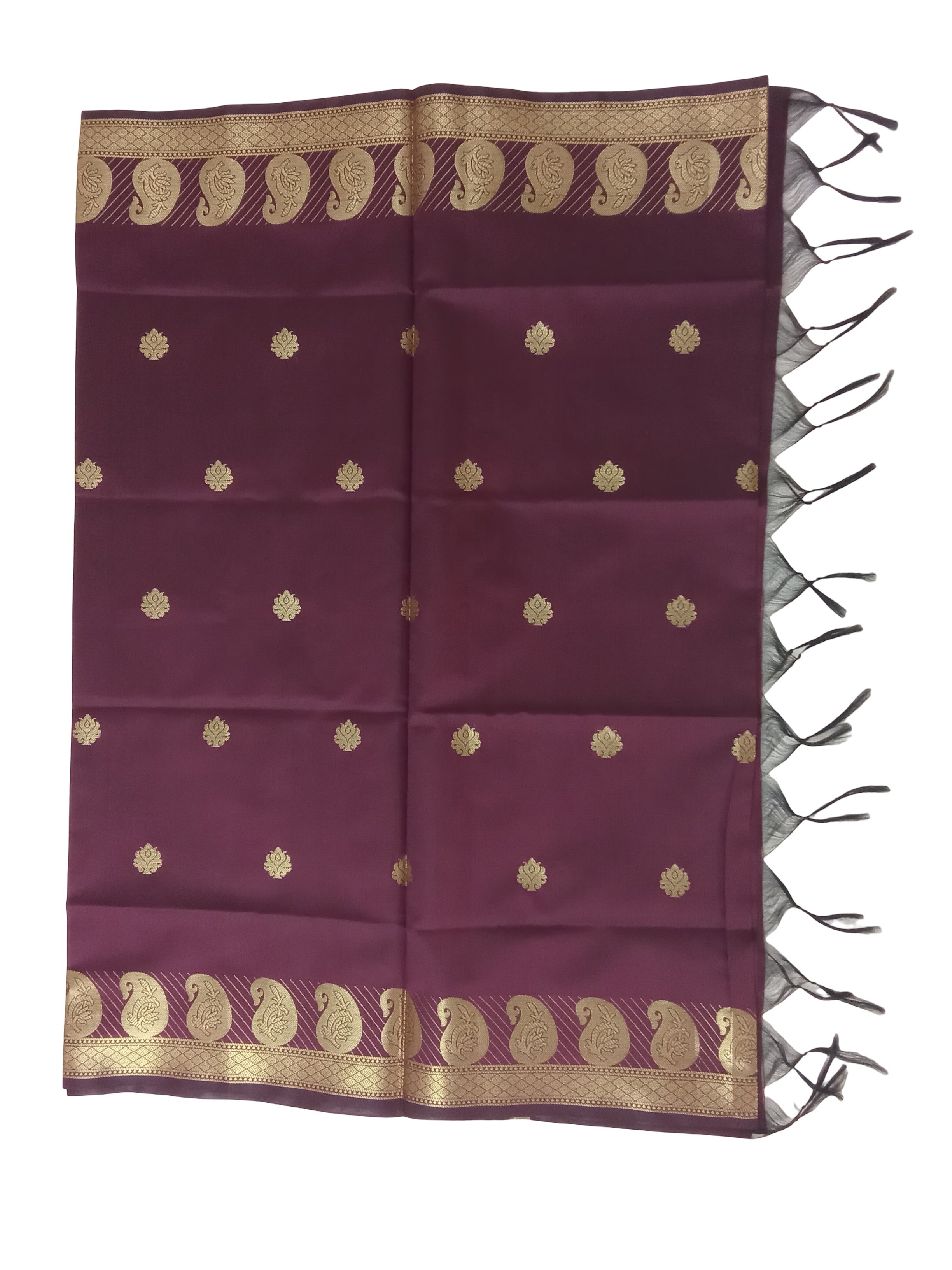 A Banarasi-inspired Dark Maroon Art Silk Dupatta with Tassels by Ladylike Accoutre, displayed on a clean white background. Features gold zari butti floral motifs and an intricate paisley border.