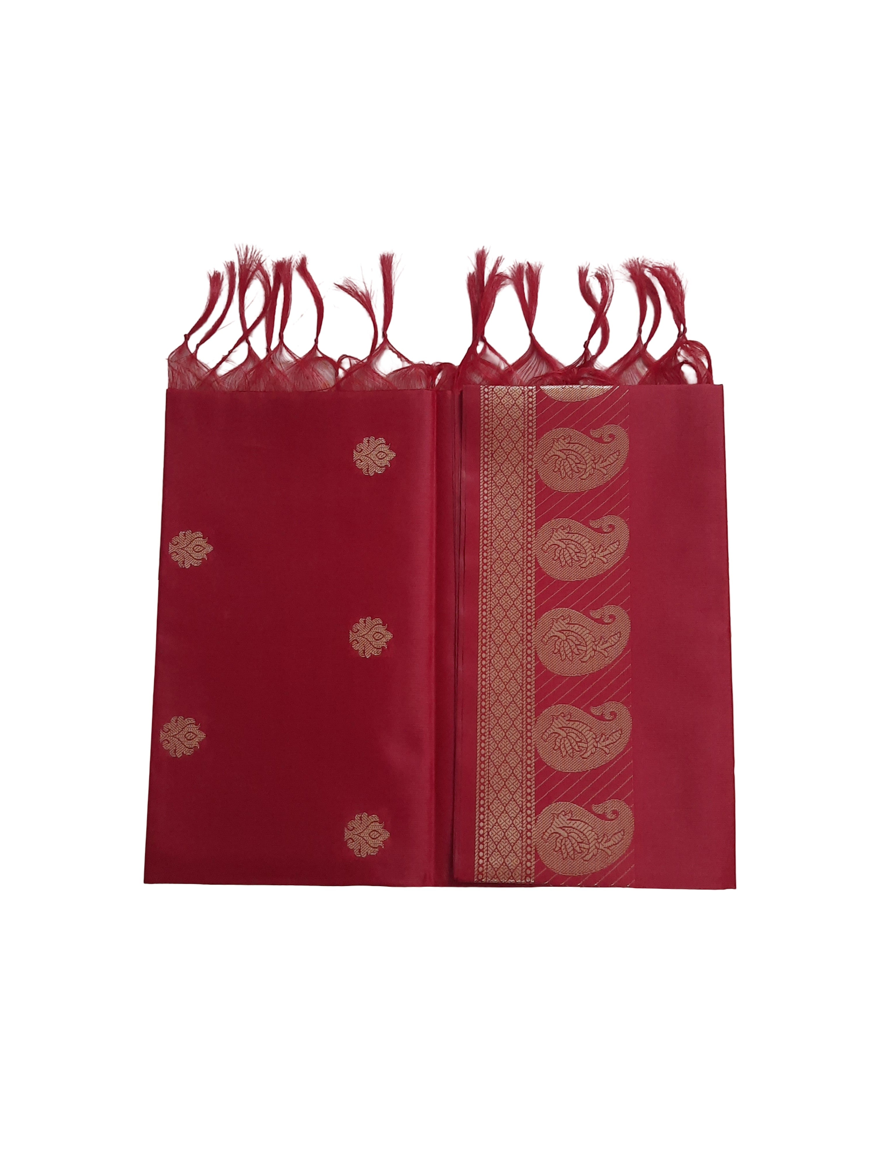 A Banarasi-inspired Dark Red Art Silk Dupatta with Tassels by Ladylike Accoutre, displayed on a clean white background. Features gold zari butti floral motifs and an intricate paisley border.