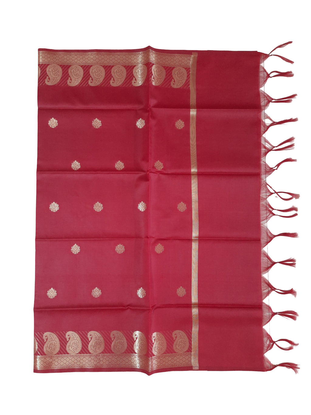 A Banarasi-inspired Dark Red Art Silk Dupatta with Tassels by Ladylike Accoutre, displayed on a clean white background. Features gold zari butti floral motifs and an intricate paisley border.