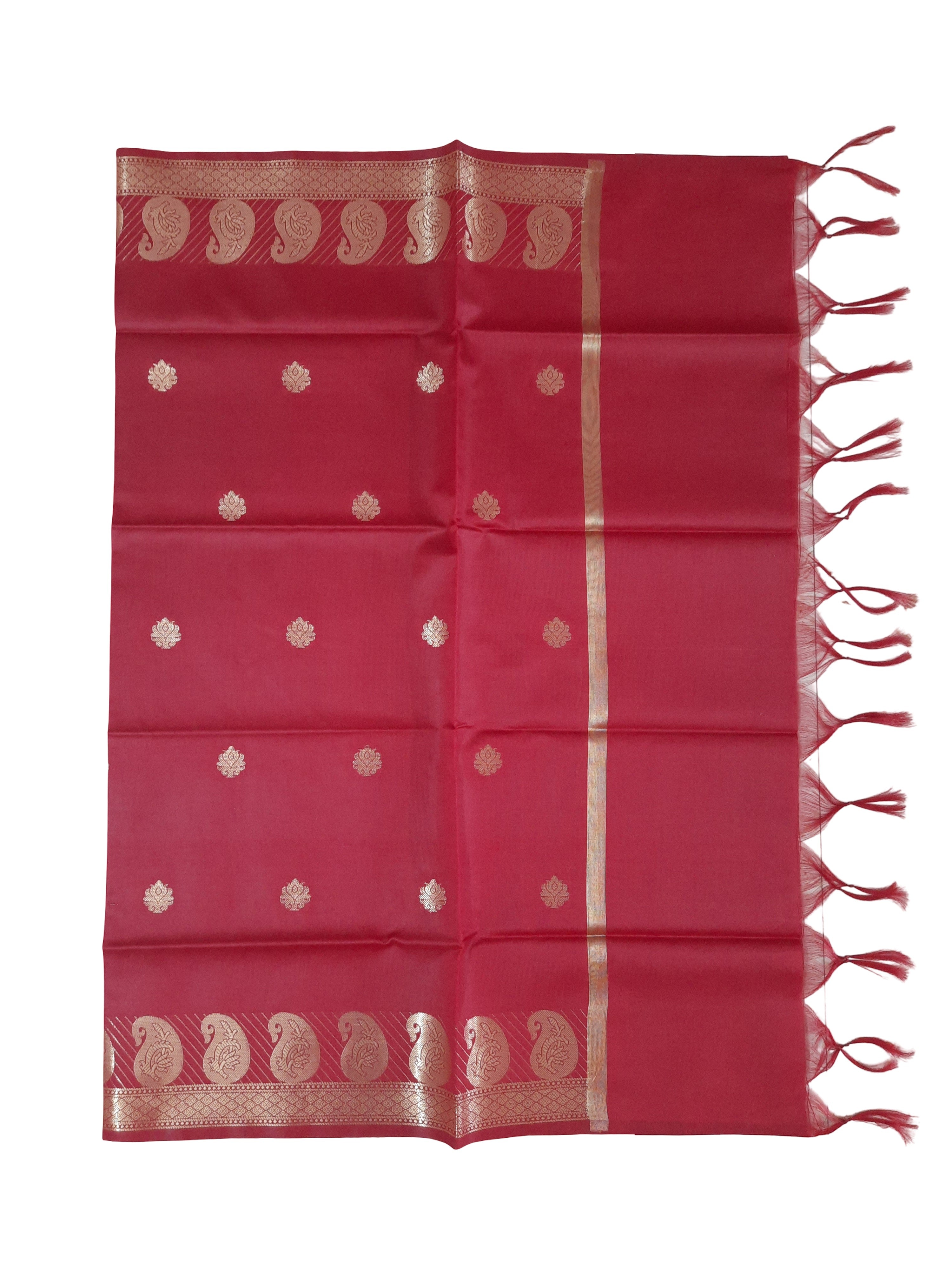 A Banarasi-inspired Dark Red Art Silk Dupatta with Tassels by Ladylike Accoutre, displayed on a clean white background. Features gold zari butti floral motifs and an intricate paisley border.