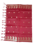 A Banarasi-inspired Dark Red Art Silk Dupatta with Tassels by Ladylike Accoutre, displayed on a clean white background. Features gold zari butti floral motifs and an intricate paisley border.