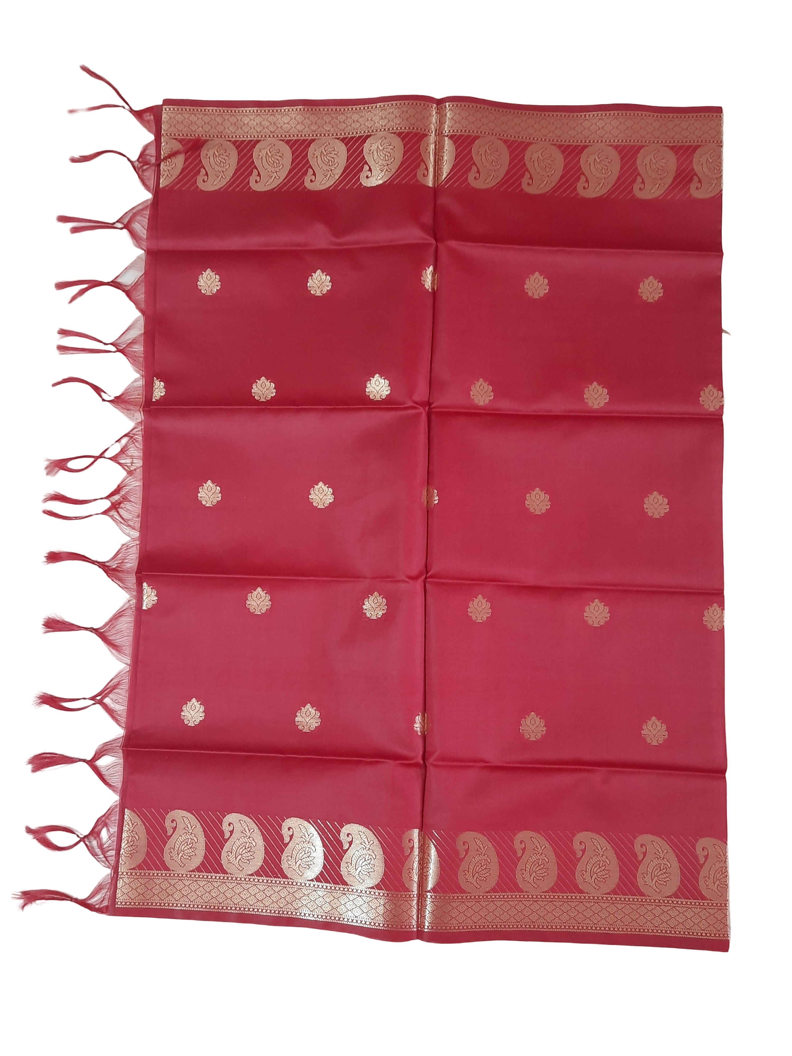 A Banarasi-inspired Dark Red Art Silk Dupatta with Tassels by Ladylike Accoutre, displayed on a clean white background. Features gold zari butti floral motifs and an intricate paisley border.