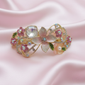 Gold-tone floral hair barrette with pink pearls and crystals, decorative hair clip for weddings, parties, and everyday hairstyles.