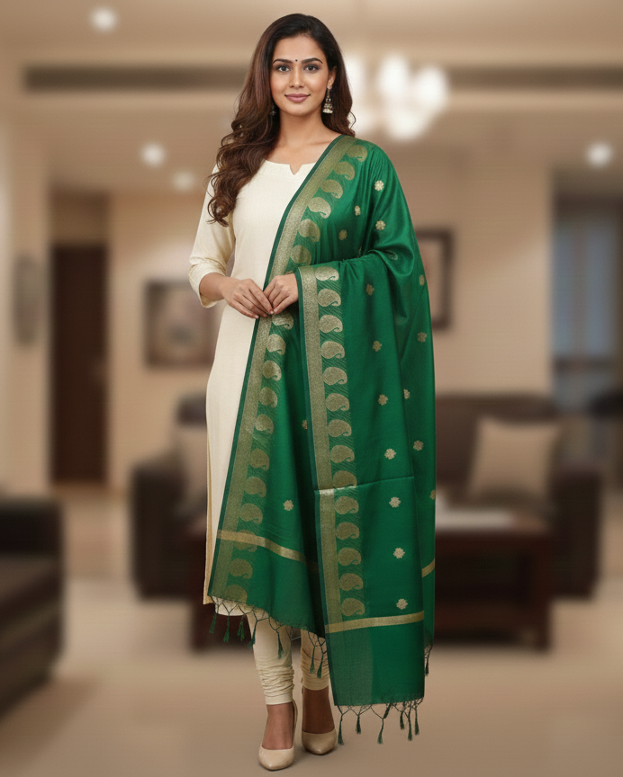 A model in cream salwar kameez wearing a Banarasi-inspired Green Art Silk Dupatta with Tassels by Ladylike Accoutre, displayed on a clean white background. Features gold zari butti floral motifs and an intricate paisley border.