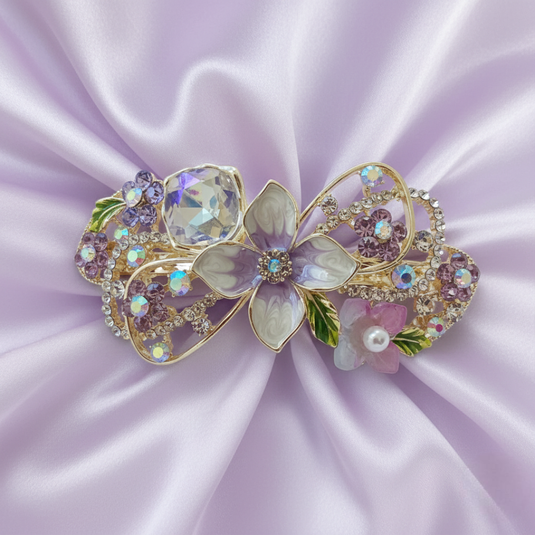 Gold-tone floral hair barrette with lavender pearls and crystals., decorative hair clip for weddings, parties, and everyday hairstyles.