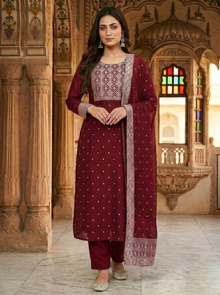 Red Semi-Georgette Dola Unstitched Salwar Kameez Suit