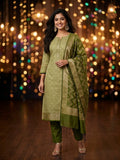 Green Raw Silk Banarasi Unstitched Salwar Kameez Suit