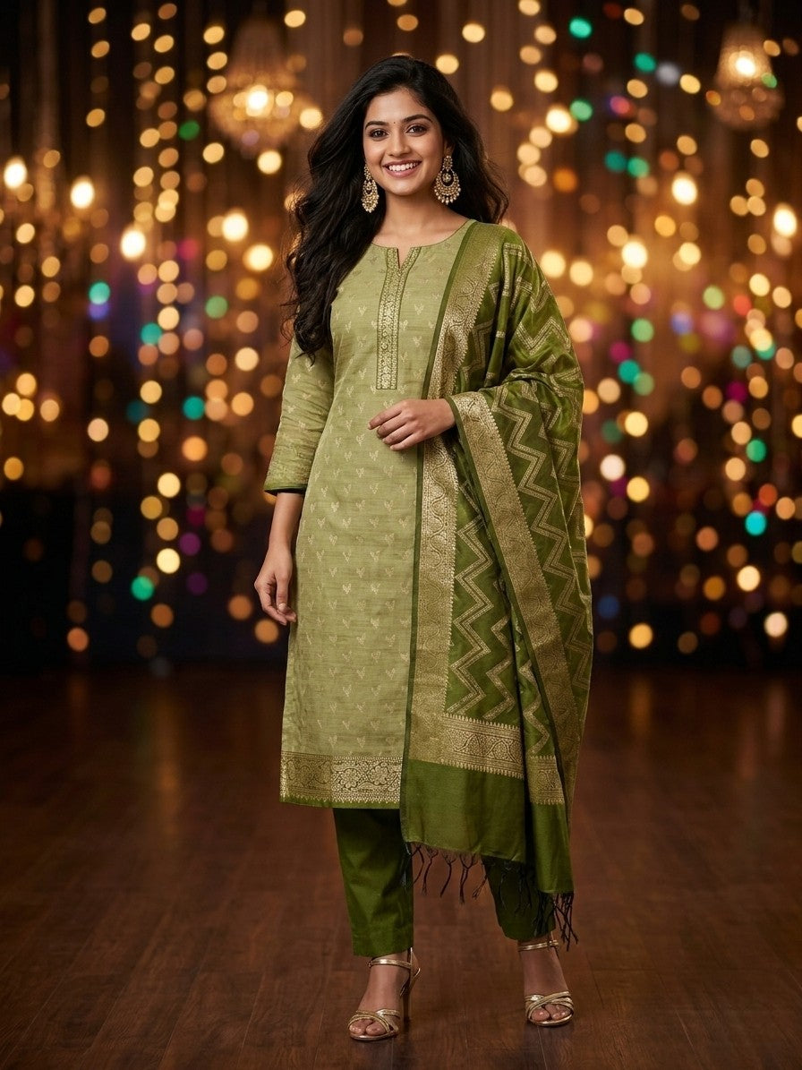 Green Raw Silk Banarasi Unstitched Salwar Kameez Suit