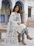 White Kota Doria Salwar Kameez Suit with Grey Embroidery