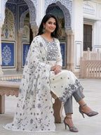 White Kota Doria Salwar Kameez Suit with Grey Embroidery