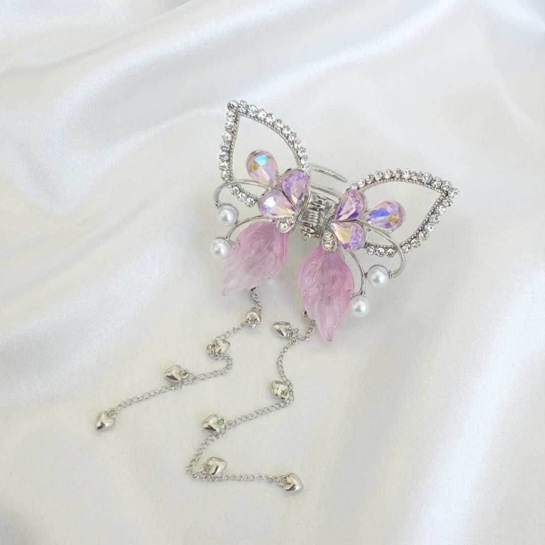 Silver-Tone Butterfly Hair Claw Clip with Pink Wings, White Pearls, Crystal Accents & Dangling Heart Chain by Ladylike Accoutre.