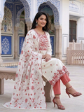 White Kota Doria Salwar Kameez Suit with Coral Peach Embroidery