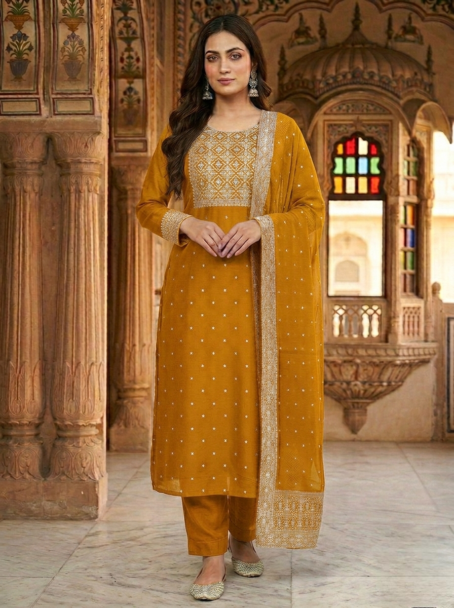Mustard Yellow Semi-Georgette Dola Unstitched Salwar Kameez Suit