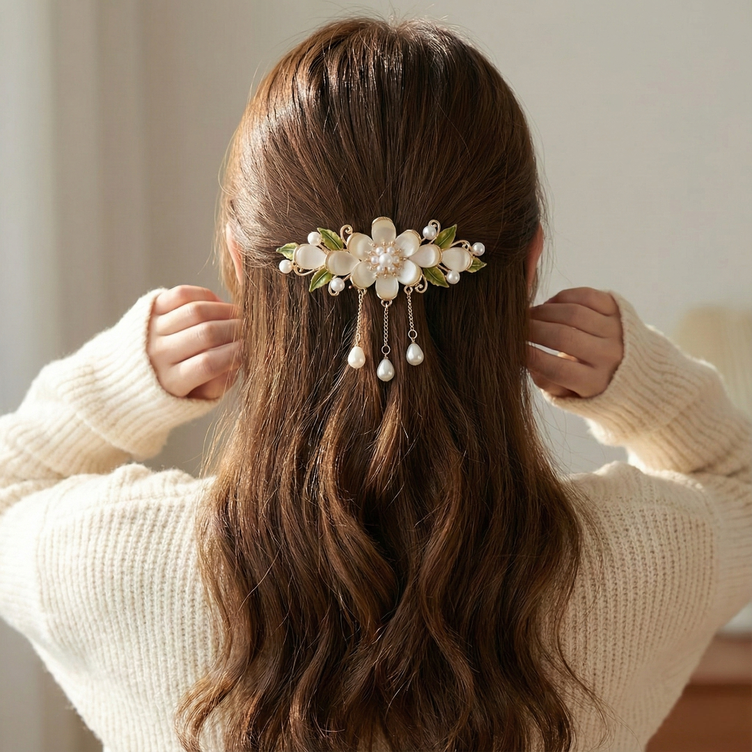 Gold-Tone Floral Hair Barrette with Cream Petals & Dangling White Pearls - Hair Clip