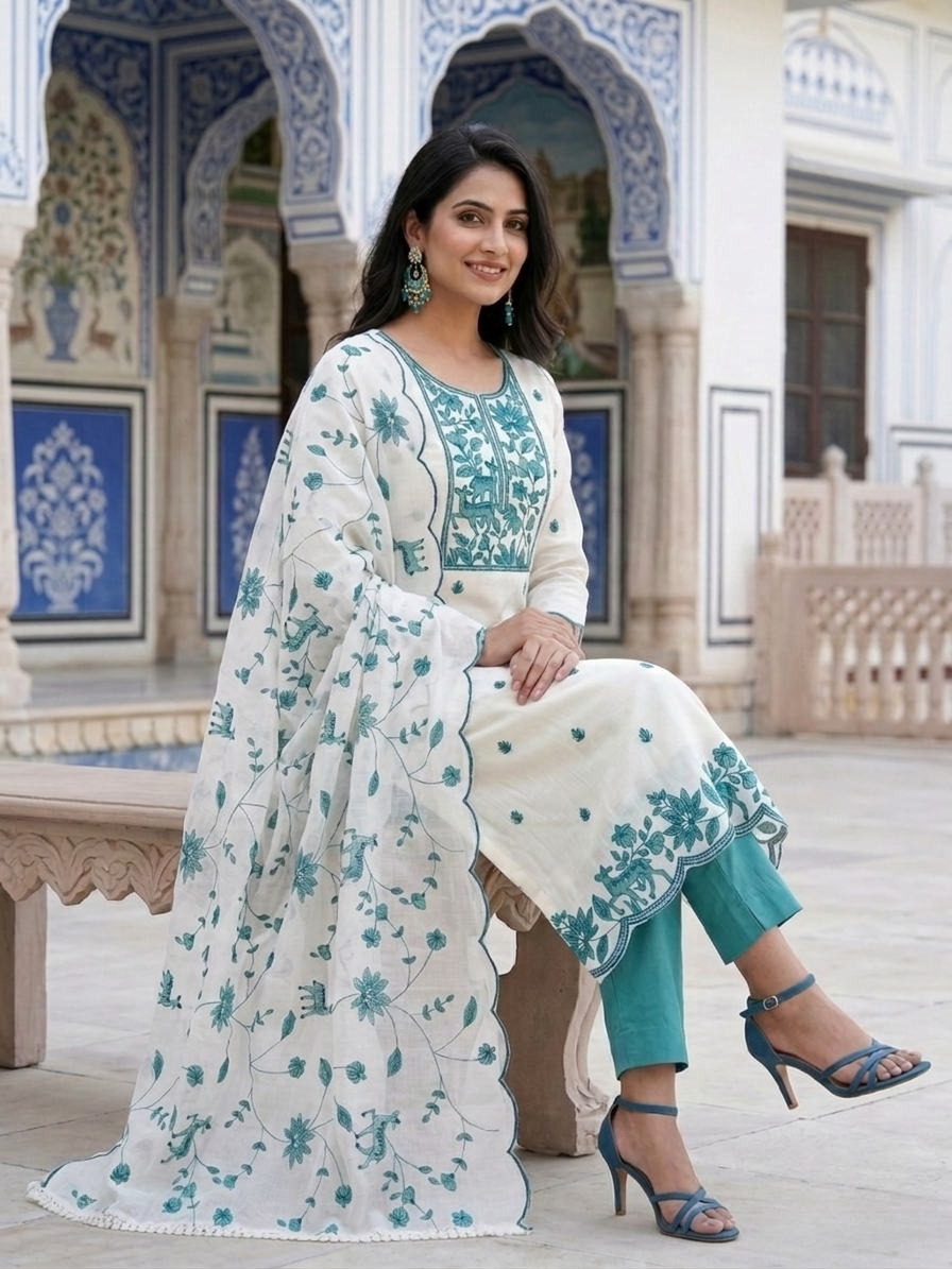 White Kota Doria Salwar Kameez Suit with Aqua Green Embroidery