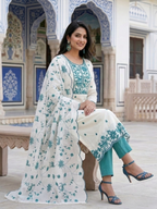 White Kota Doria Salwar Kameez Suit with Aqua Green Embroidery